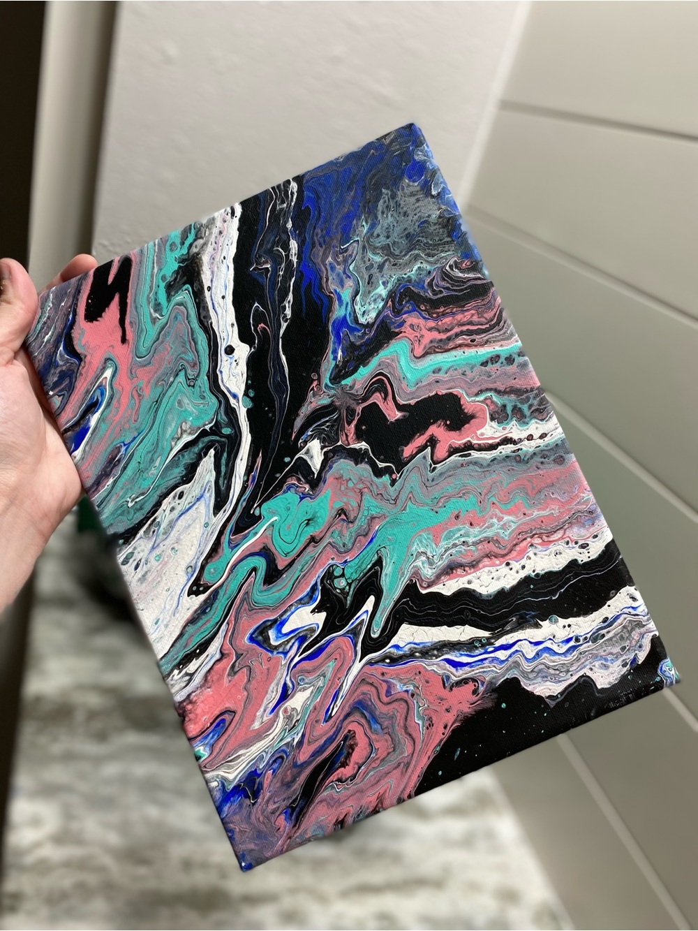 Abstract Canvas Art with Pink, Teal, and Black Swirls